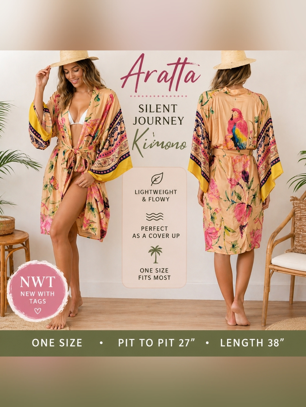 :Aratta Kimono Robe Parrot Floral Boho Duster One Size NWT 100% Modal